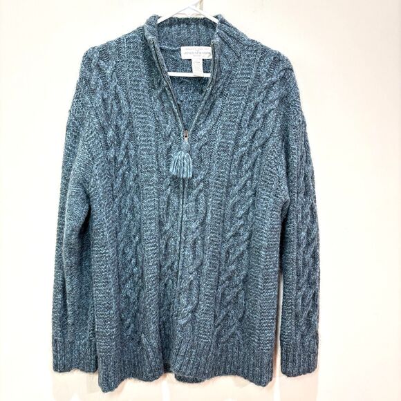 VTG Jone NY Chunky Cable Hand Knit Sweater Cardigan L Blue Wool Alpaca Fisherman - Picture 1 of 8